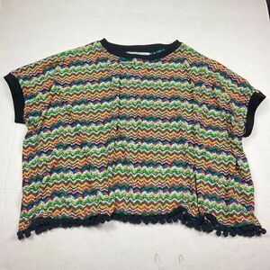 Anthropologie KAS New York Poncho Blouse Colorful Short Sleeve Pom Pom SMALL